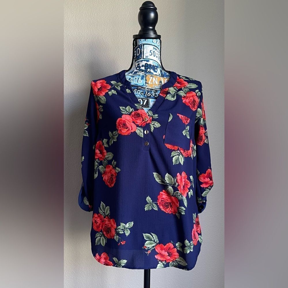 EUC Beautiful blue/rose blouse with pull-up button sleeve.